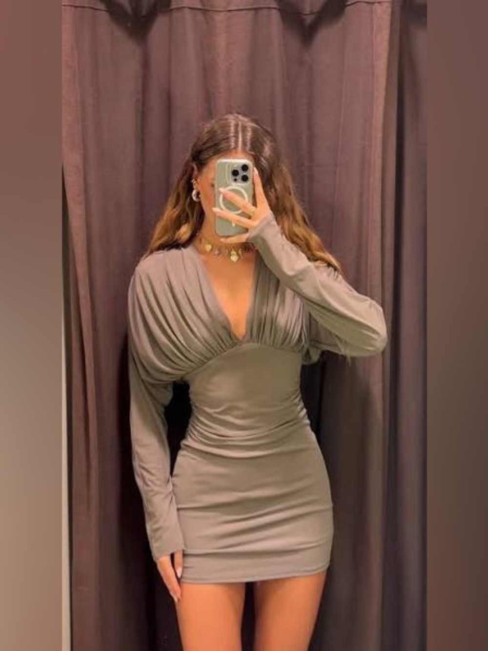Zara Long Sleeve Draped V-Neck Bodycon Dress in Taupe